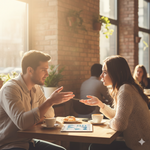 Oameni vorbind despre grafice și SEO