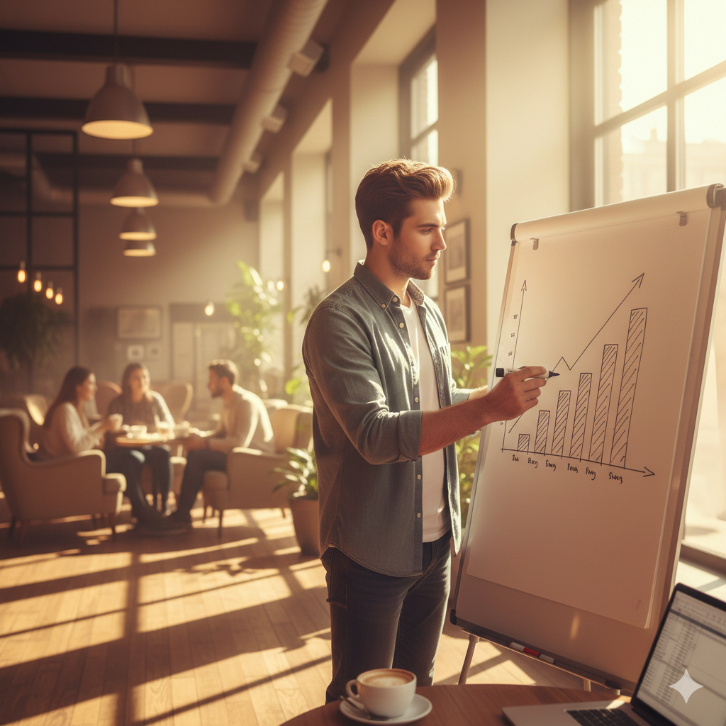 un baiat desenează la tabla