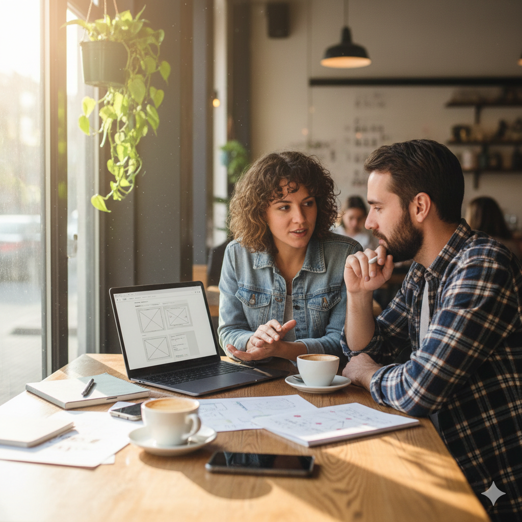 2 oameni care stau de vorbă la o masă